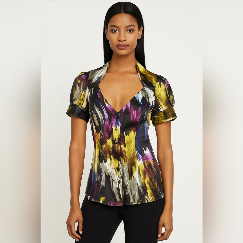 BCBGMAXAZRIA Y2K Abstract Print Puff Sleeve Blouse Top XS